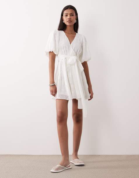 Gina Tricot embroidered mini dress with puff sleeves in off white  - view 1