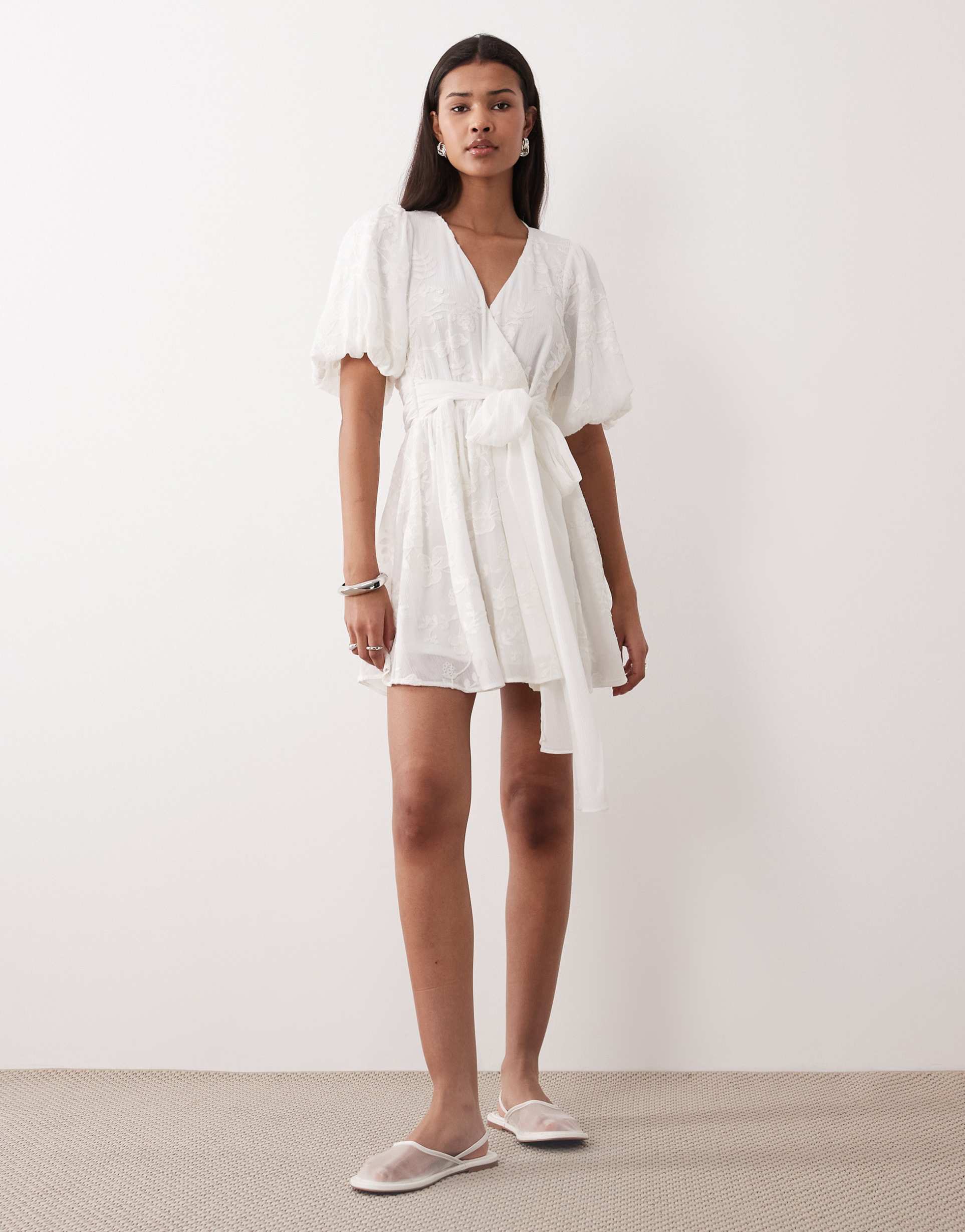 gina tricot embroidered mini dress with puff sleeves in off white