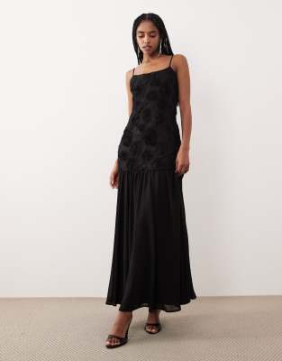 Gina Tricot Embroidery Dropped Waist Midi Dress In Black