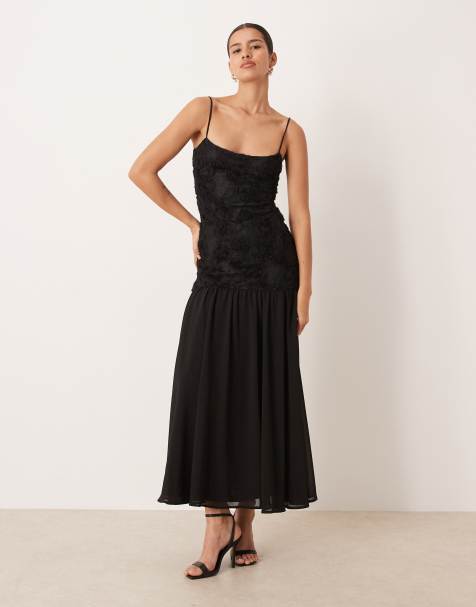 Gina Tricot embroidery dropped waist midi dress in black - view 1