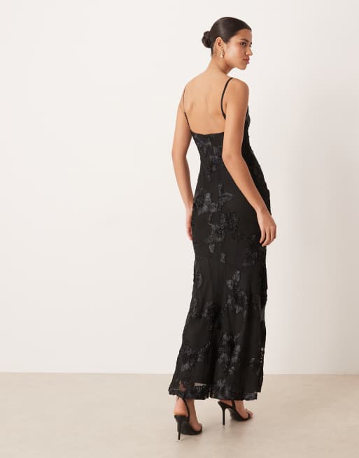 Gina Tricot embroidery maxi dress in black, 3 of 4