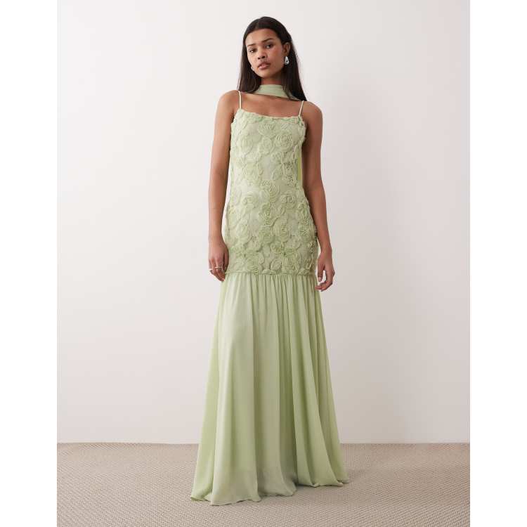 asos embroidered dress green ASOS DESIGN high neck textured embroidered mini dress lace trim sage green  10