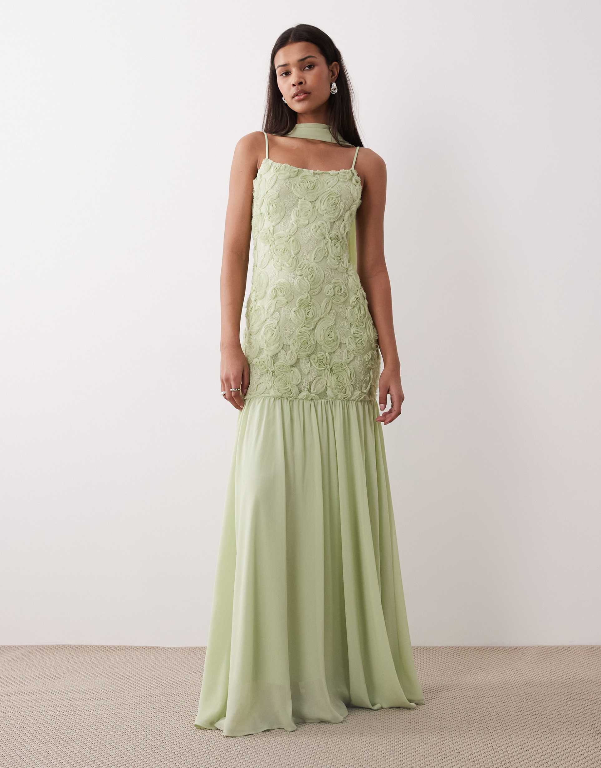 gina tricot embroidery maxi dress in green
