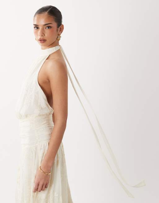 Gina Tricot embroidery maxi dress with open back detail in cream | ASOS