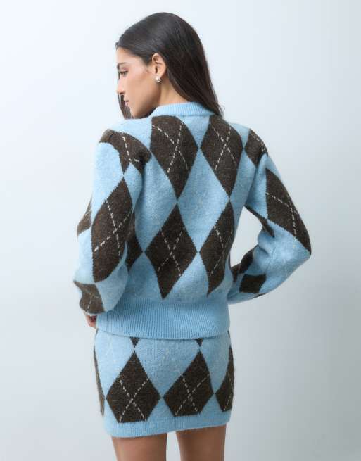 Gina Tricot ensemble 2 pièces en maille à motif losanges, bleu et marron, 3 de 5