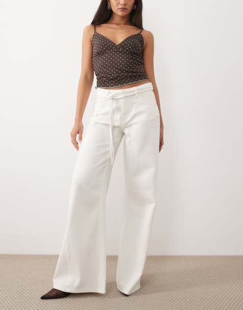 Gina Tricot tie detail wide leg jeans in white