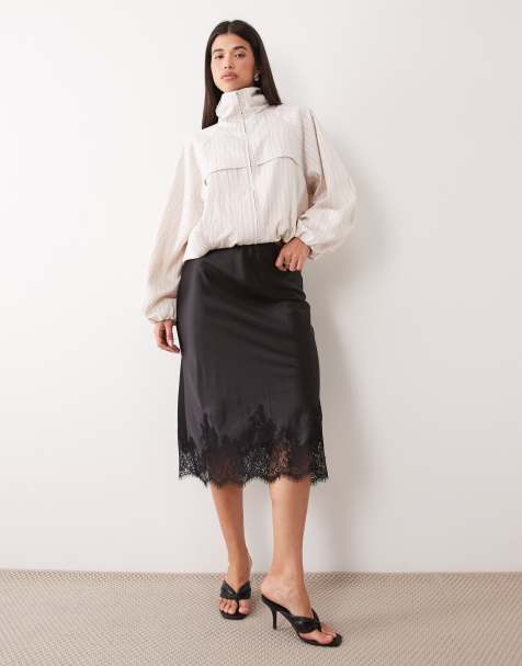 Gina Tricot falda de satén con ribete de encaje en negro - view 1