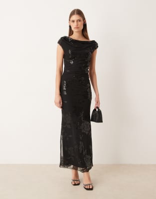 Gina Tricot Fallen Off One Shoulder Asymmetric Sequin Maxi Dress In Black