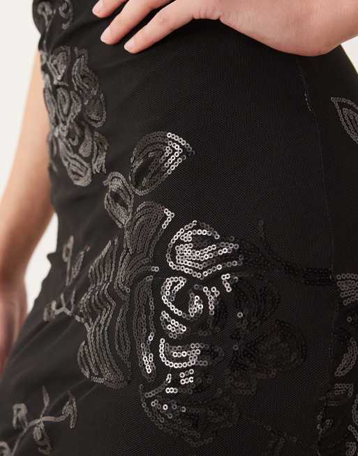 Gina Tricot fallen off one shoulder asymmetric sequin maxi dress in black, 3 of 4