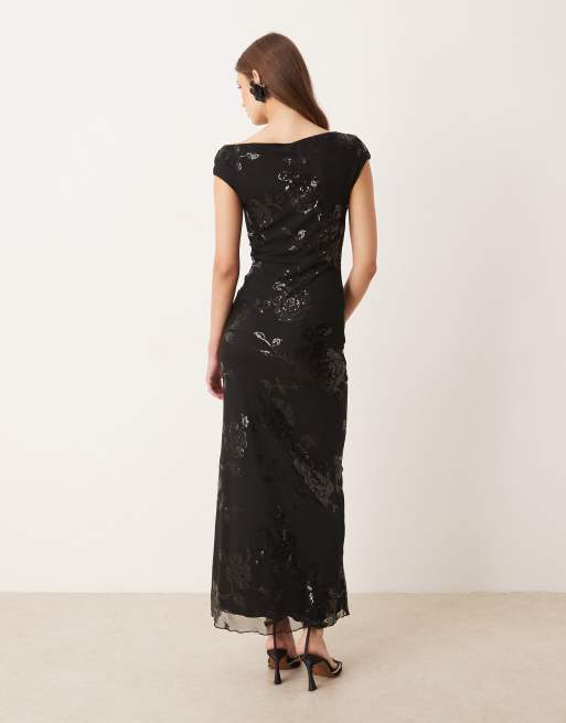 Gina Tricot fallen off one shoulder asymmetric sequin maxi dress in black, 4 of 4