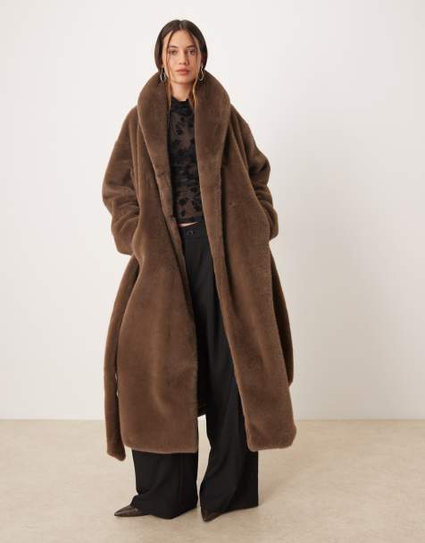 Gina Tricot faux fur belted long coat in soft brown - view 1