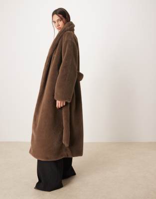 Gina Tricot Faux Fur Belted Long Coat In Brown