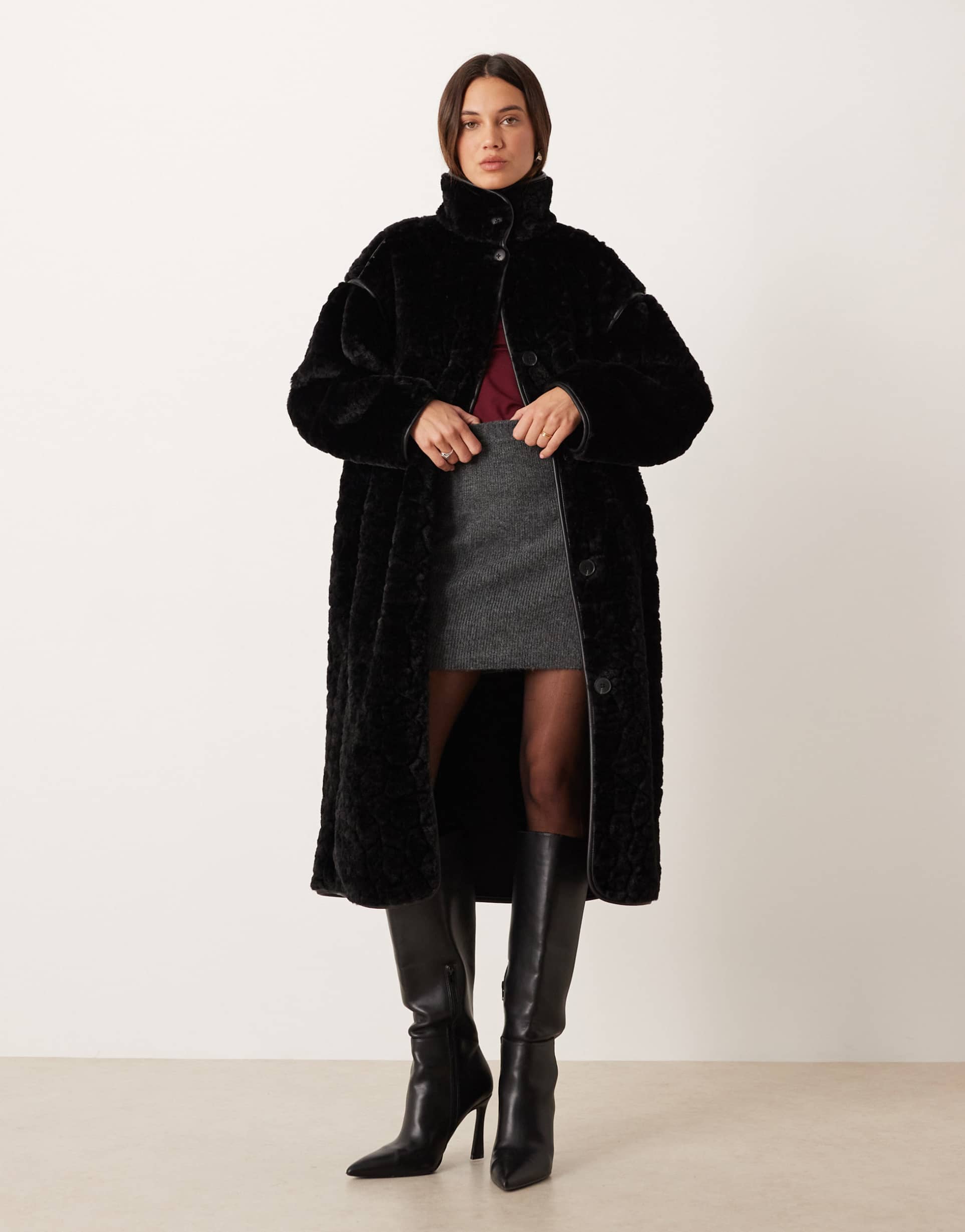 gina tricot faux fur bonded midi coat in black