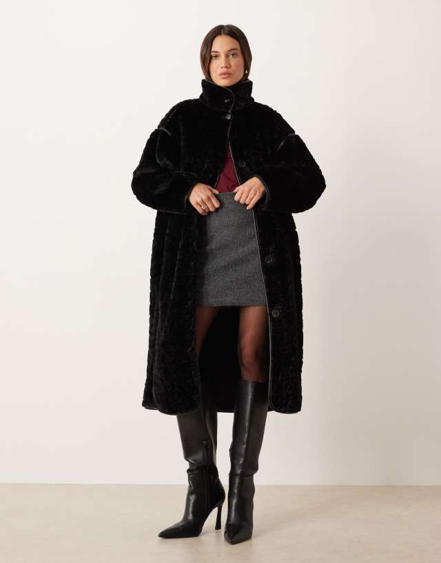 Gina Tricot faux fur bonded midi coat in black | ASOS