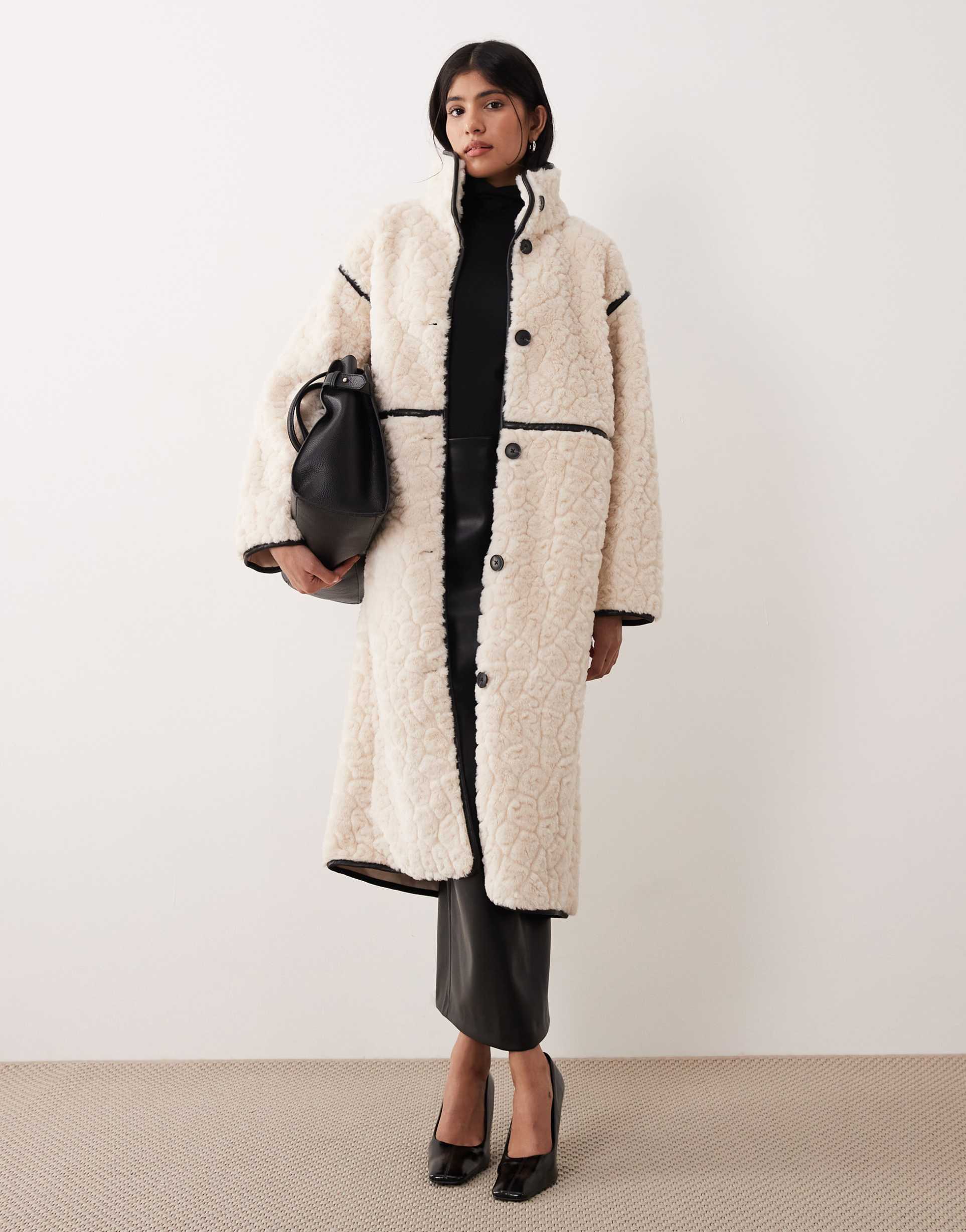 gina tricot faux fur bonded midi coat in cream