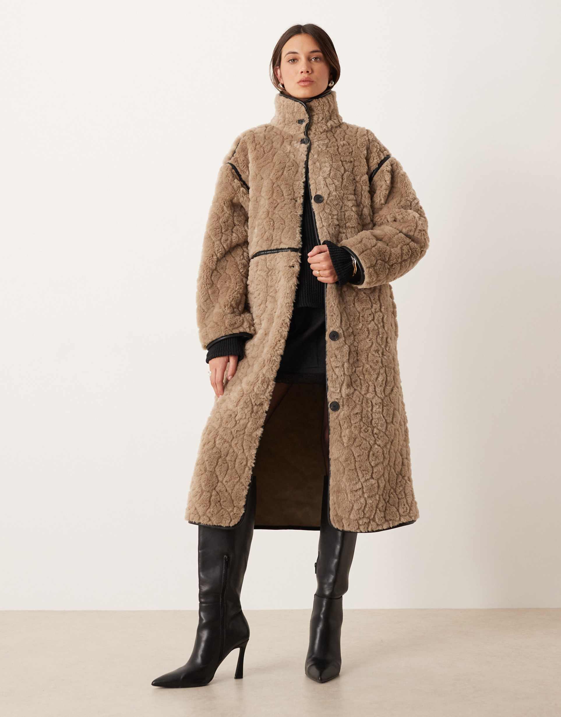 gina tricot faux fur bonded midi coat in dark beige