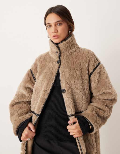 Gina Tricot faux fur bonded midi coat in dark beige
