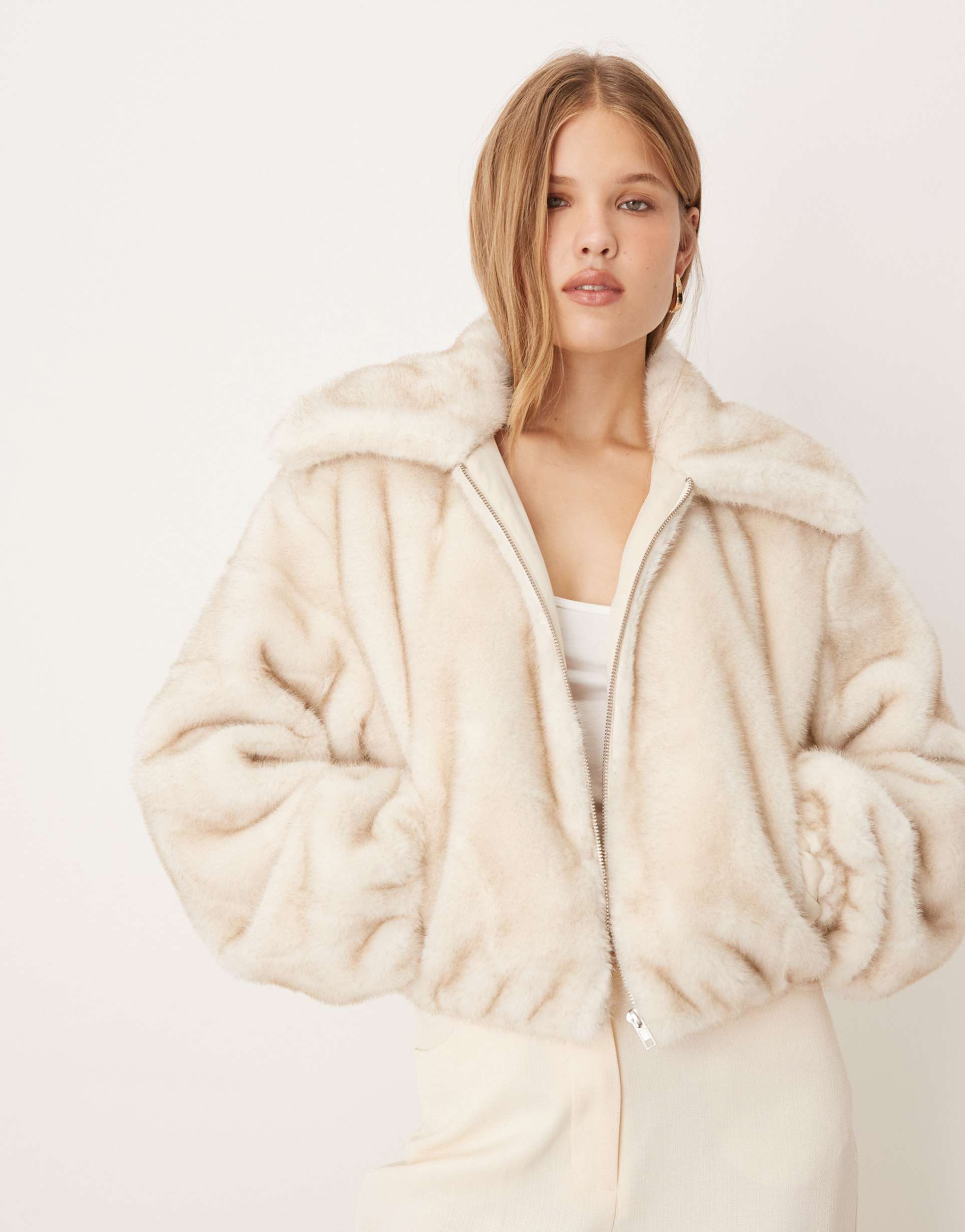 gina tricot faux fur collar short jacket in cream