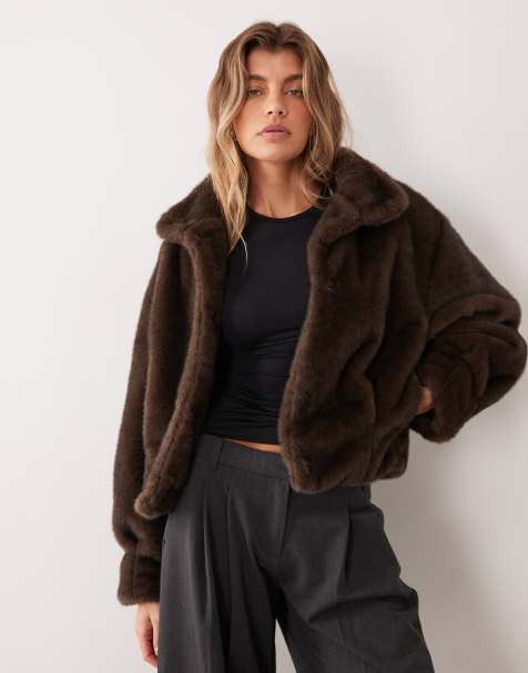 Gina Tricot faux fur funnel neck bomber in brown - view 1