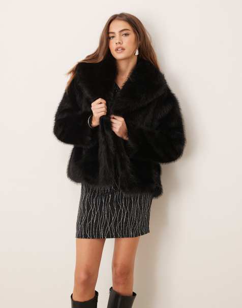 Gina Tricot faux fur jacket with shawl collar in black - view 1