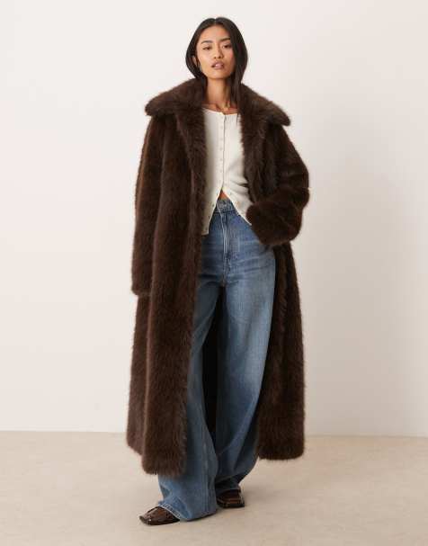 Gina Tricot faux fur maxi coat in dark brown - view 1