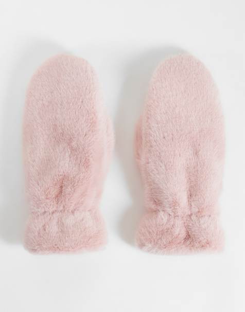 Gina tricot faux fur mittens in baby pink - view 1