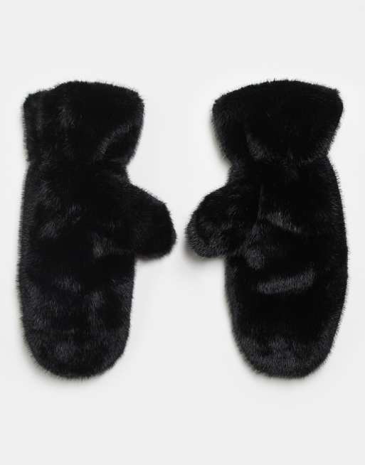 Gina Tricot faux fur mittens in black, 3 of 3