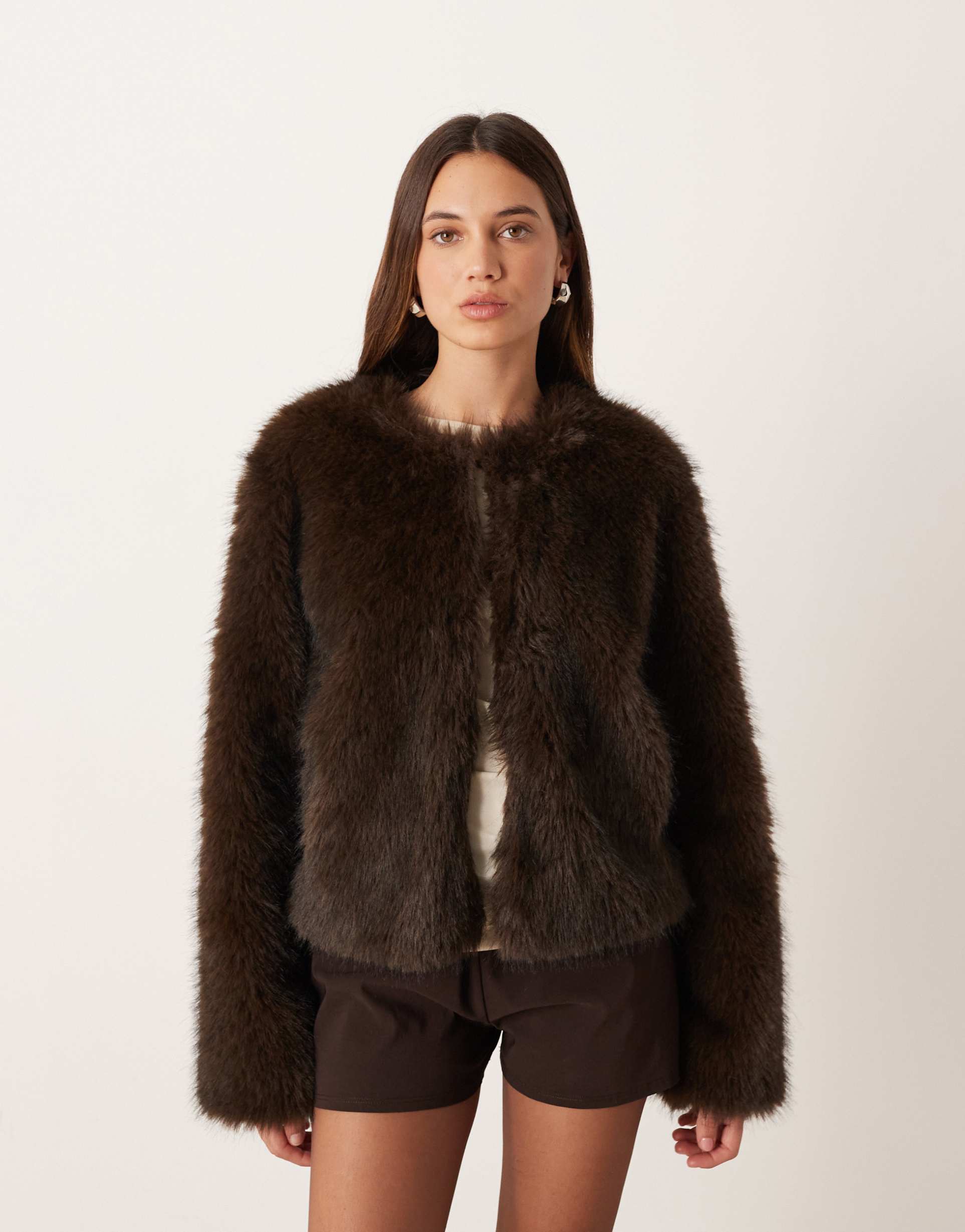 gina tricot faux fur short jacket in dark brown
