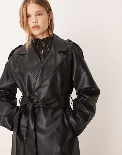 Gina Tricot faux leather belted midaxi coat in black ASOS