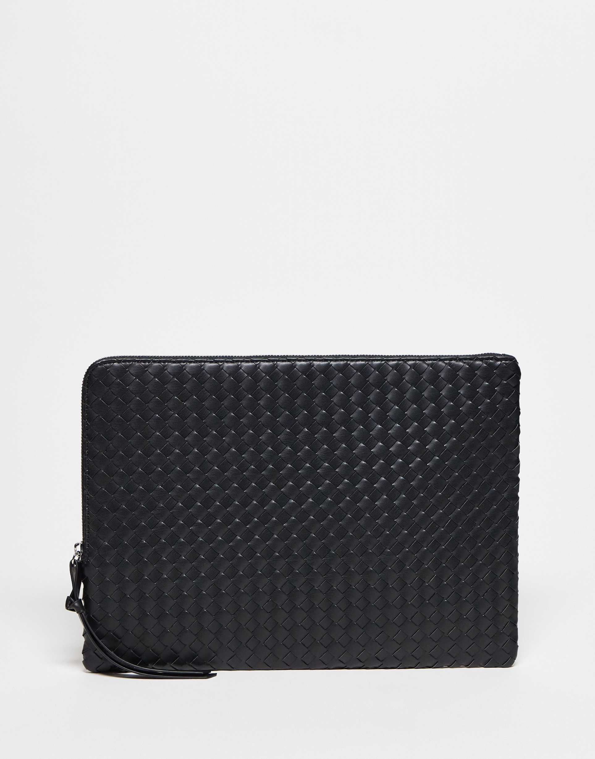 gina tricot faux leather braided woven laptop case in black