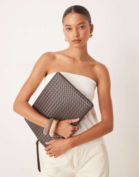 Gina Tricot faux leather braided woven laptop case in brown - view 1