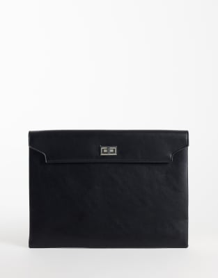 Gina Tricot Faux Leather Laptop Case With Silver Clasp In Black