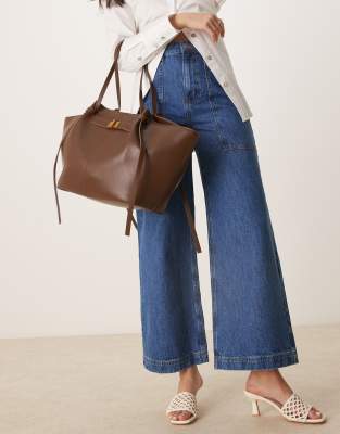Gina Tricot Faux Leather Large Tote Bag With Strap And Clutch Detail In Brown