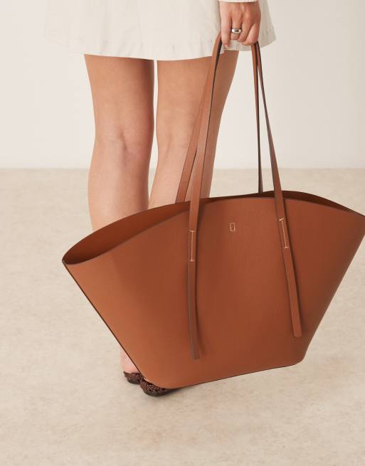 Gina Tricot faux leather large wide shopper bag in brown camel
