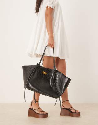 GINA TRICOT Gina Tricot faux leather medium tote bag with strap and clutch detail in black croc