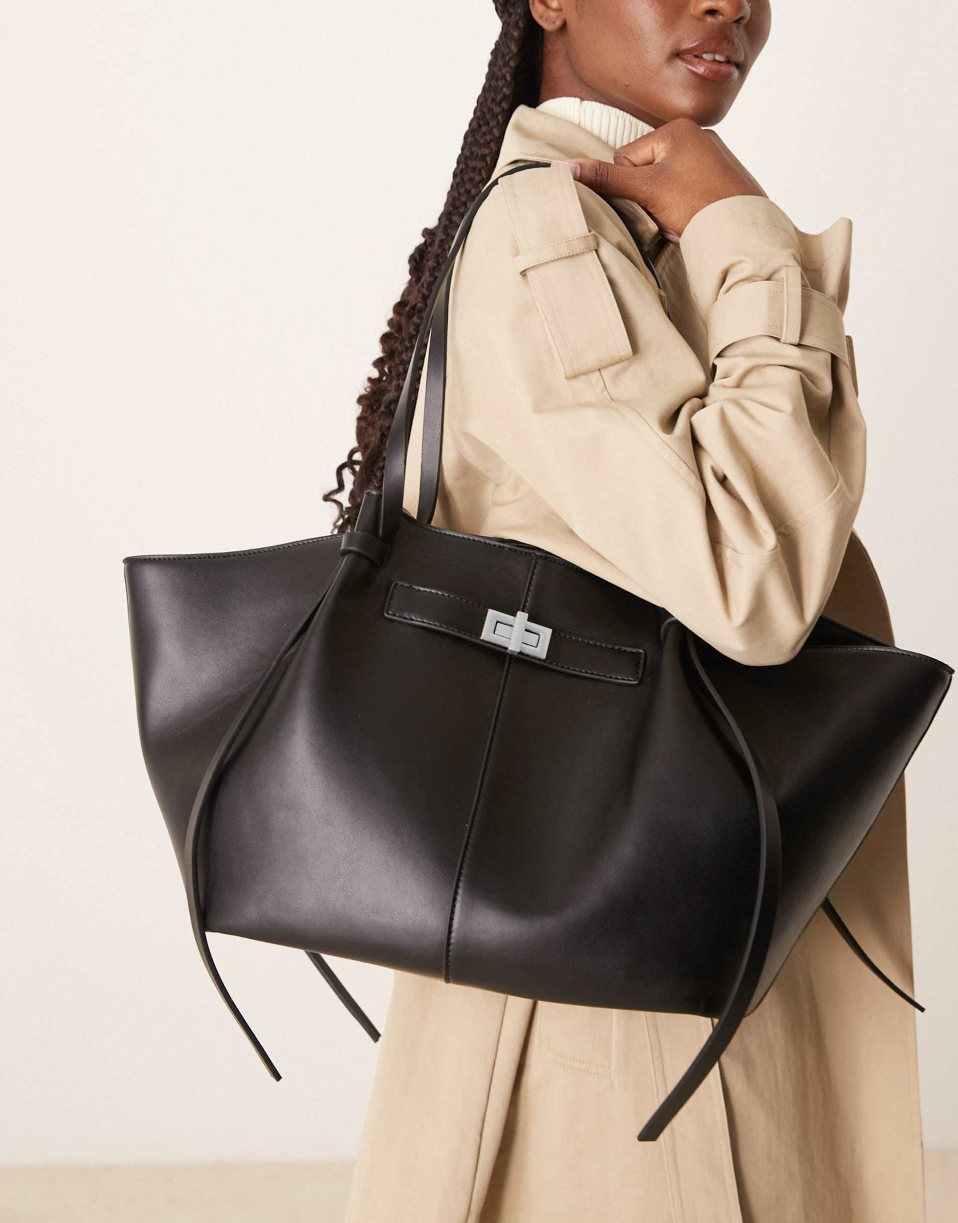 gina tricot faux leather medium tote bag with strap and clutch detail in black