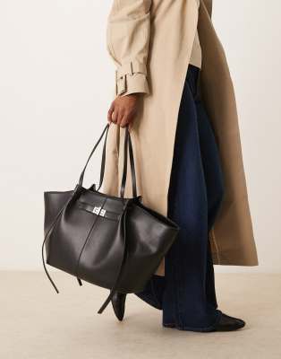Gina Tricot Faux Leather Medium Tote Bag With Strap And Clutch Detail In Black
