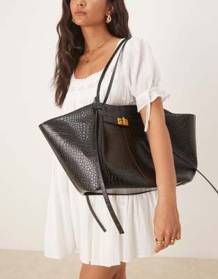Shop Gina Tricot Faux Leather Medium Tote Bag With Strap And Clutch Detail