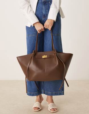 Gina Tricot faux leather medium tote bag with strap and clutch detail in dark brown - view 1