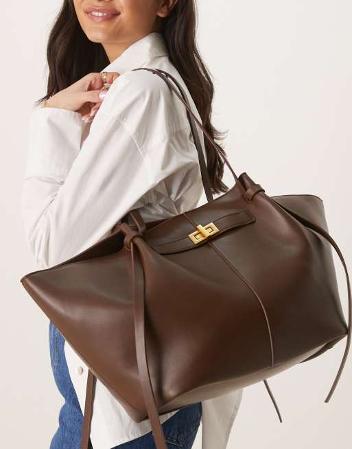 Gina Tricot faux leather medium tote bag with strap and clutch detail in dark brown