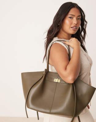 Gina Tricot Faux Leather Medium Tote Bag With Strap And Clutch Detail In Green