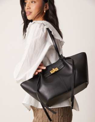 Gina Tricot Faux Leather Small Tote Bag With Strap And Clutch With Gold Detail In Black