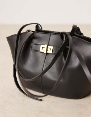 Gina Tricot Faux Leather Small Tote Bag With Strap And Clutch With Gold Detail In Black