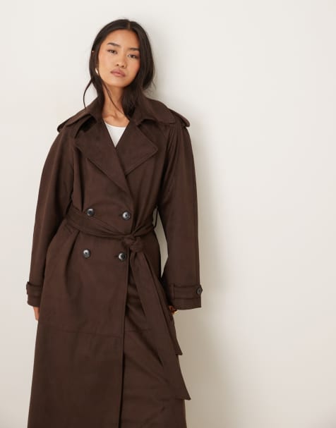 Gina Tricot faux suede belted midaxi coat in brown - view 1