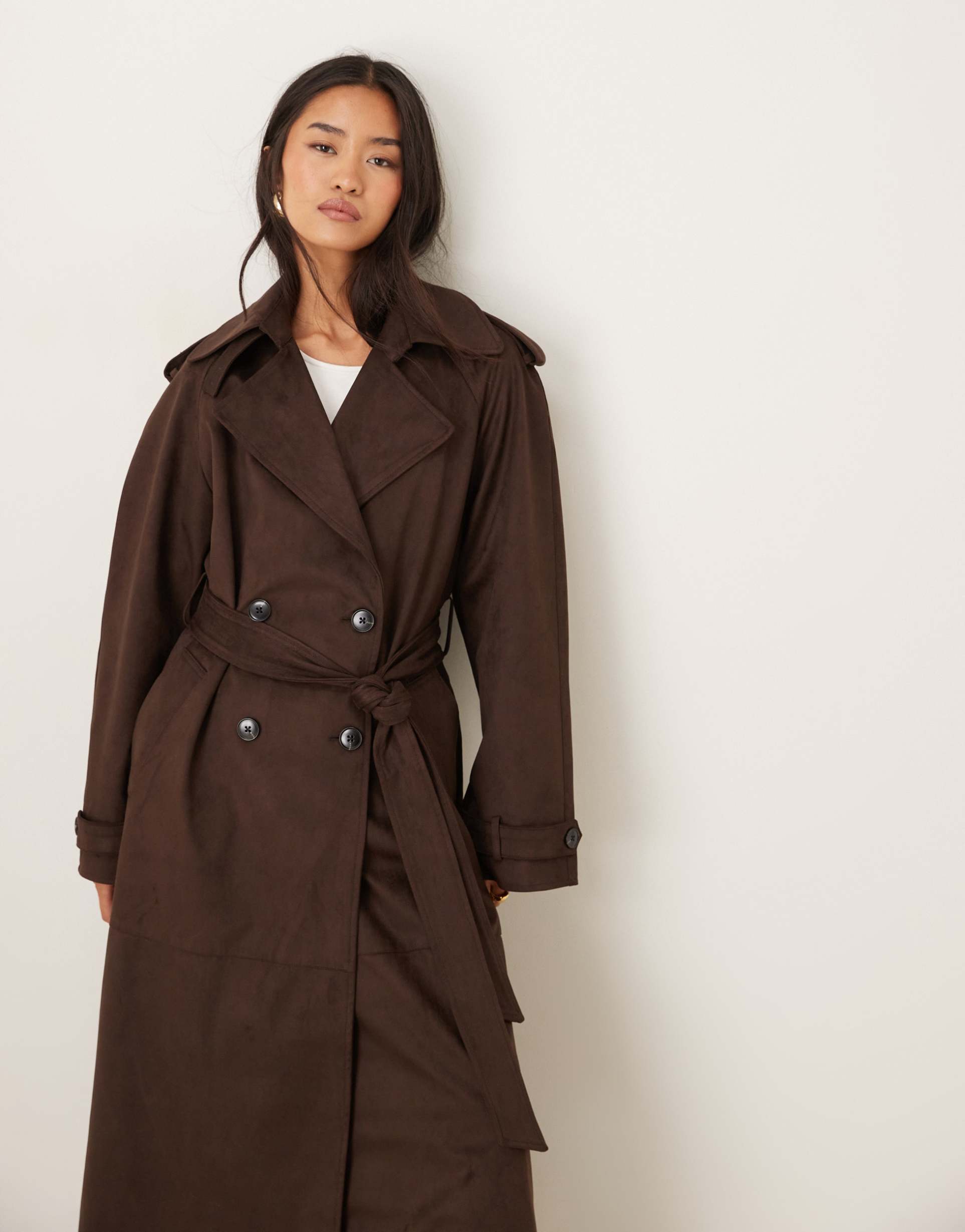 gina tricot faux suede belted midaxi coat in brown