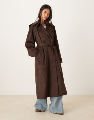 Gina Tricot Faux Suede Belted Midaxi Coat In Brown