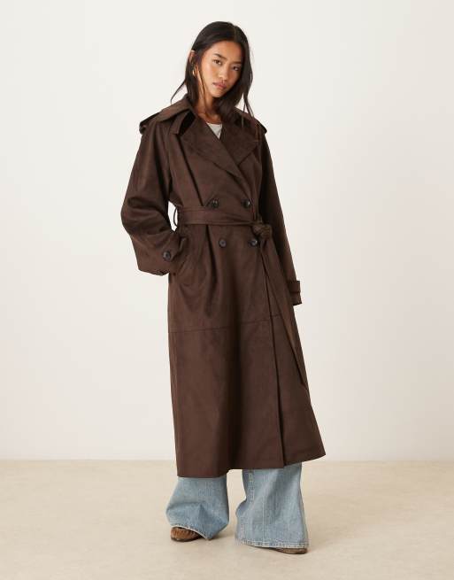 Gina Tricot faux suede belted midaxi coat in brown