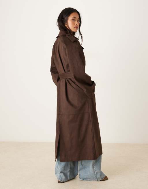 Gina Tricot faux suede belted midaxi coat in brown