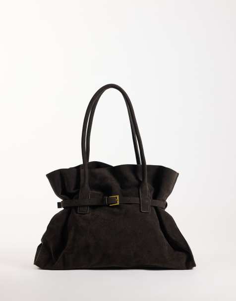 Gina Tricot faux suede belted tote bag in dark brown - view 1
