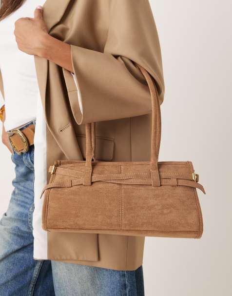 Gina Tricot faux suede buckle bowling shoulder bag with long handles in camel brown - view 1